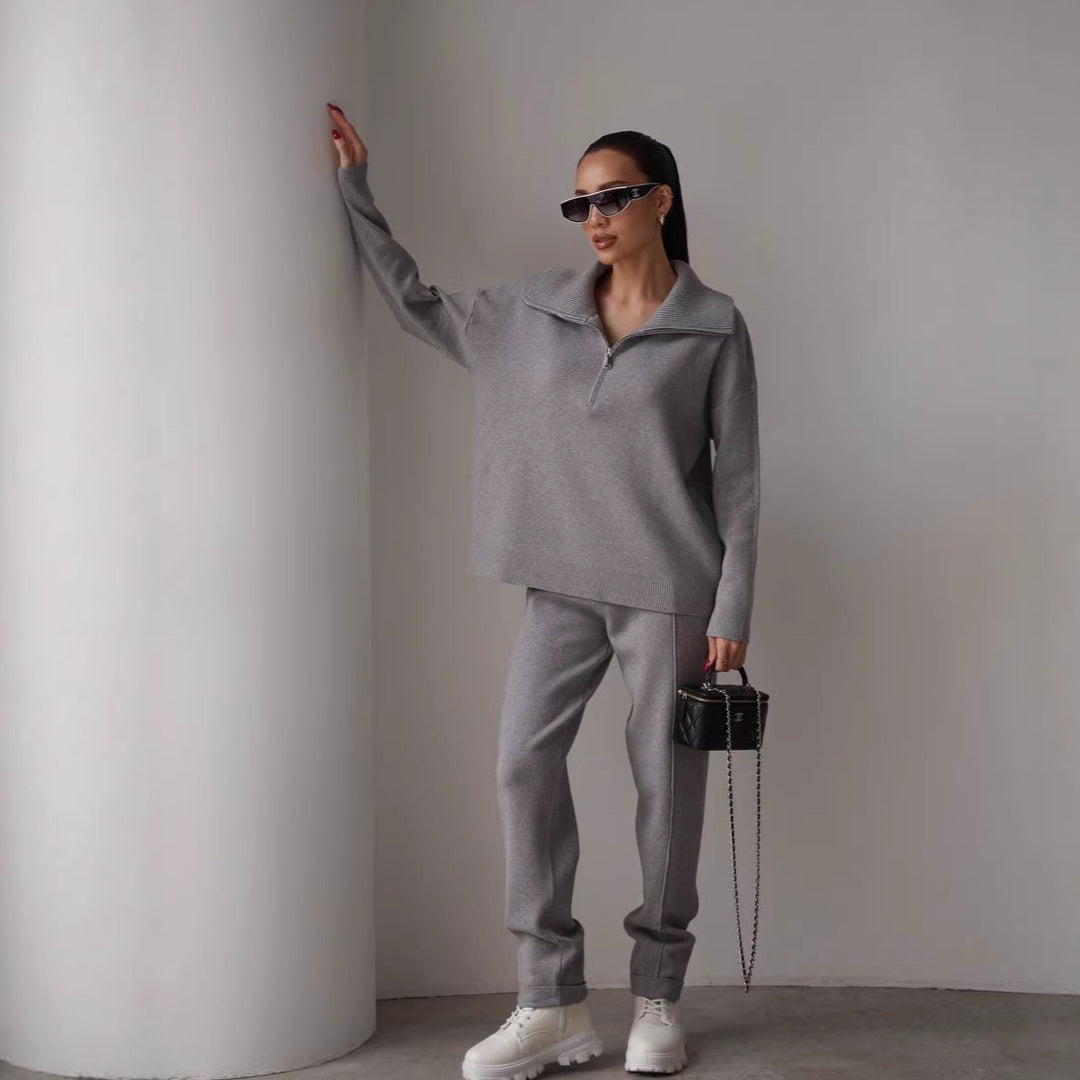 Damen elegantes Sweatshirt- und Jogginghose-Set mit hohem Kragen und Reißverschluss Drune