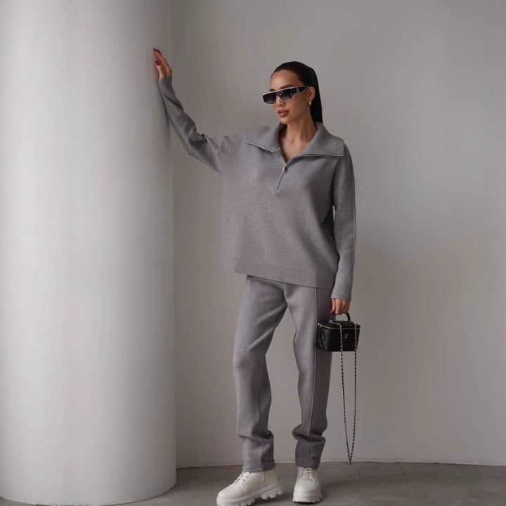 Damen elegantes Sweatshirt- und Jogginghose-Set mit hohem Kragen und Reißverschluss Drune
