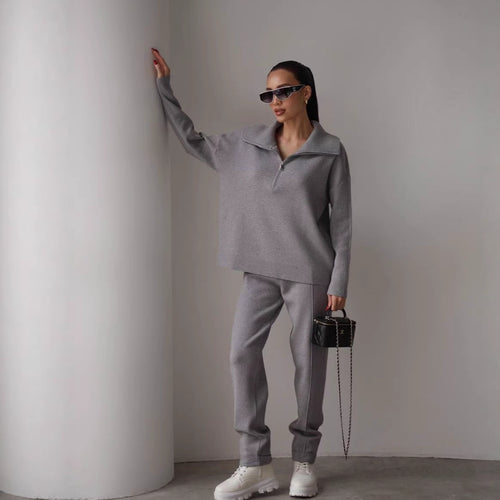 Damen elegantes Sweatshirt- und Jogginghose-Set mit hohem Kragen und Reißverschluss Drune
