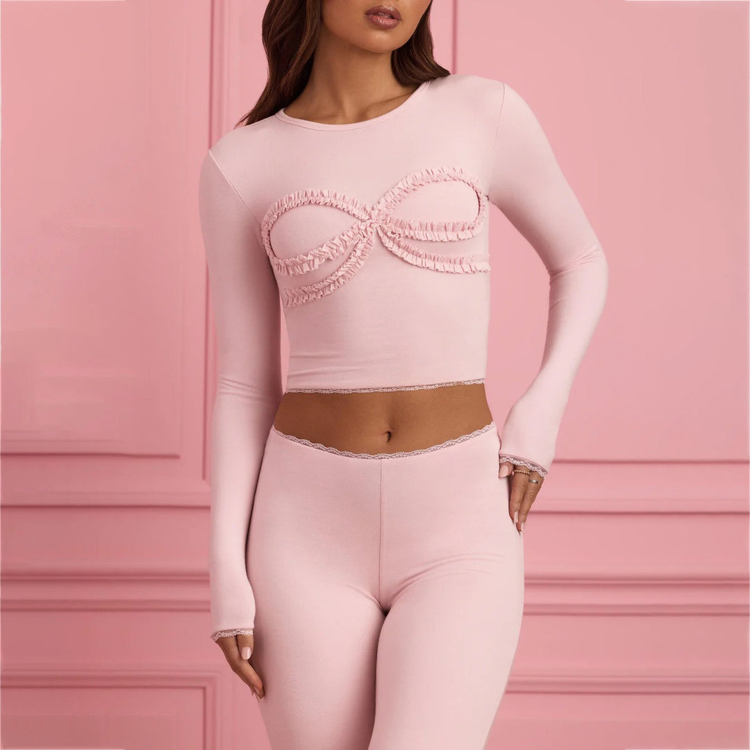 Damen körperbetontes Langarm-Crop-Top mit Rüschendetails Drune