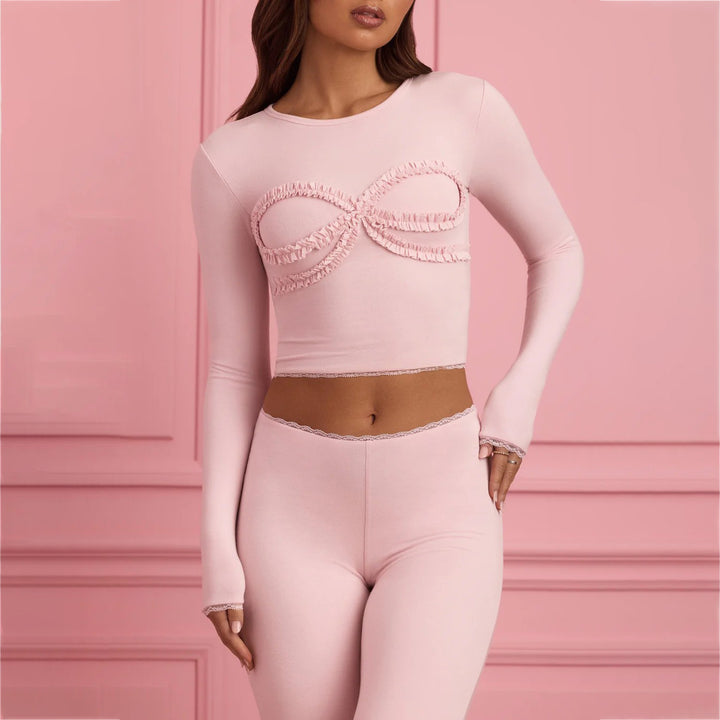 Damen körperbetontes Langarm-Crop-Top mit Rüschendetails Drune