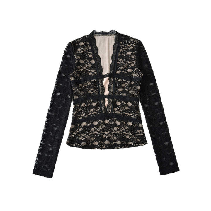 Damen Transparente Spitzenbluse mit V-Ausschnitt, taillierten Einsätzen und langen Ärmeln Drune