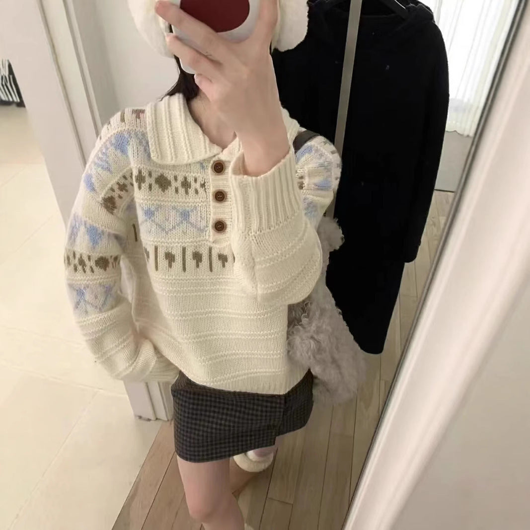 Damen Grobstrickpullover mit liebevollem Grafikumfang und romantischem Kragen Drune