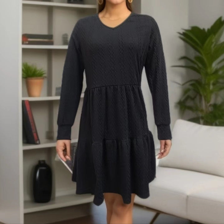 Damen lässiges V-Ausschnitt Kleid mit weitem Saum Drune