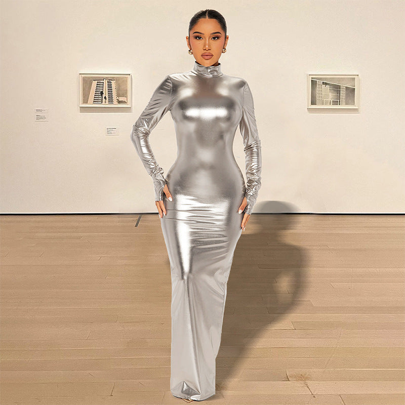 Damen Glänzendes Langarm-Maxi-Kleid mit hohem Kragen und figurbetontem Design Drune