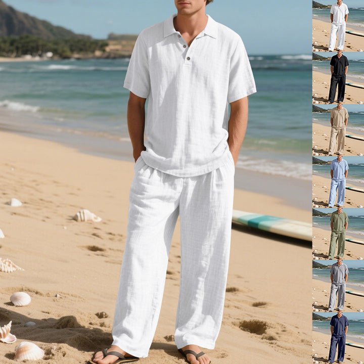 Herren nan luftiges Leinen-Ensemble mit Polokragen und regulierbarer Bundhose Drune