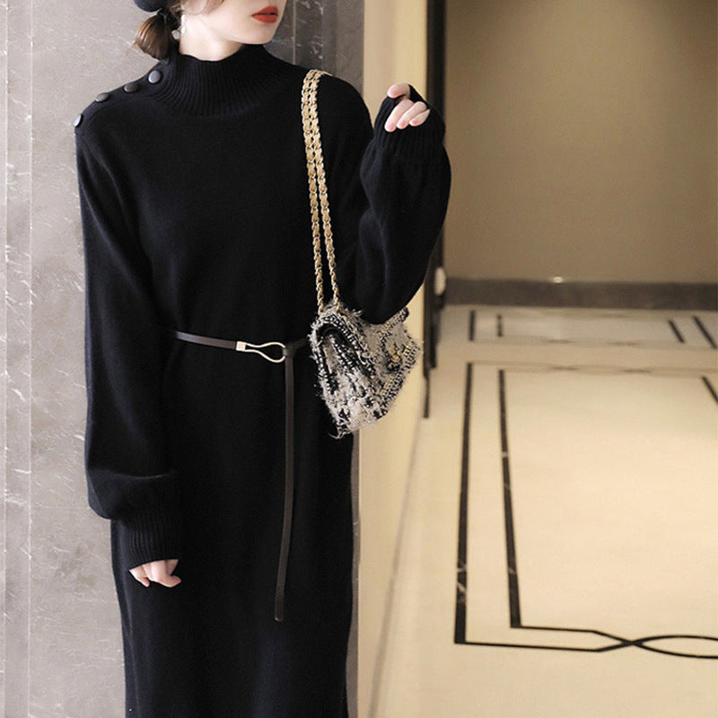 Damen Elegantes Strickmaxikleid mit hochgeschlossenem Kragen und dekorativen Knöpfen Drune