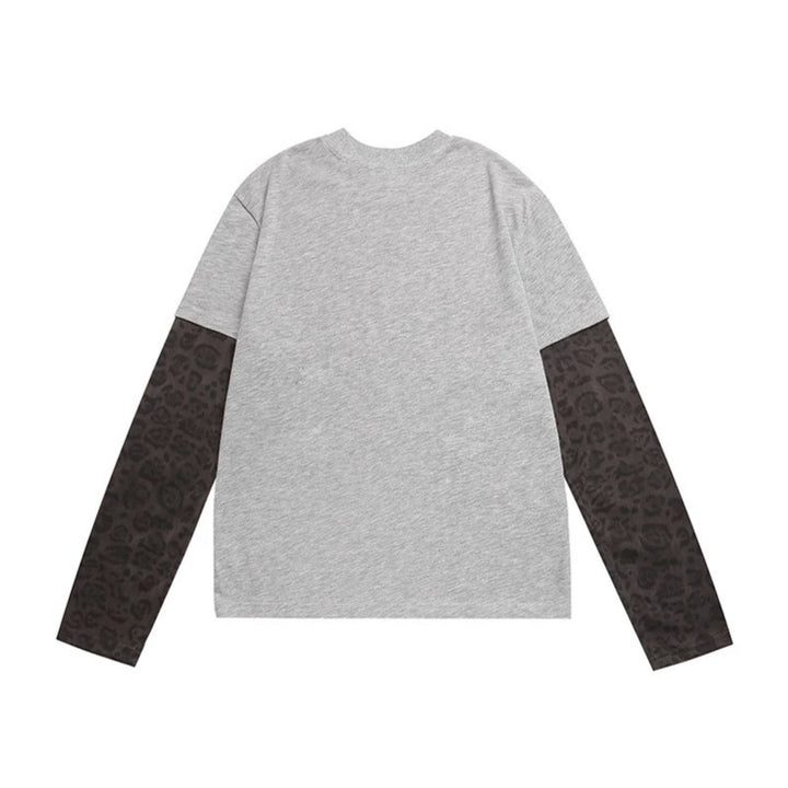 Damen Lagen-Langarmshirt mit Kontrastärmeln im Leo-Muster und Statement-Print Drune