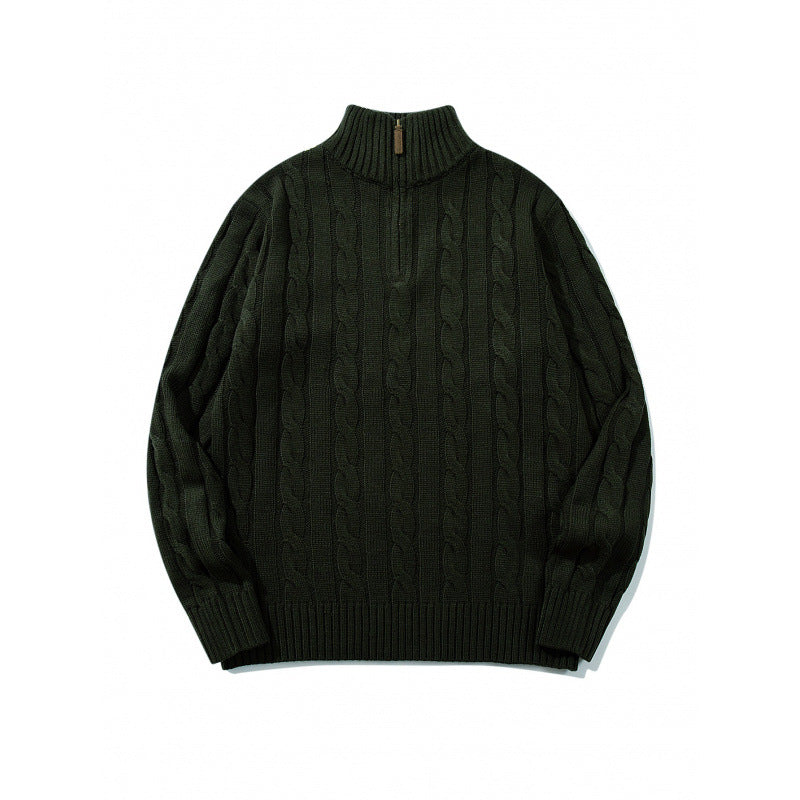 Unisex Grobgestrickter Halbreißverschluss-Zopfmuster-Pullover mit Stehkragen und gerippten Abschlüssen Drune
