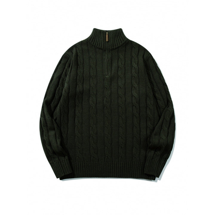 Unisex Grobgestrickter Halbreißverschluss-Zopfmuster-Pullover mit Stehkragen und gerippten Abschlüssen Drune