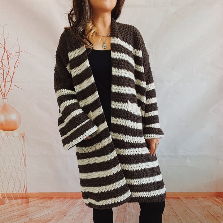 Damen lässige Strickjacke mit modernem Streifenmuster und weiten Ärmeln Drune