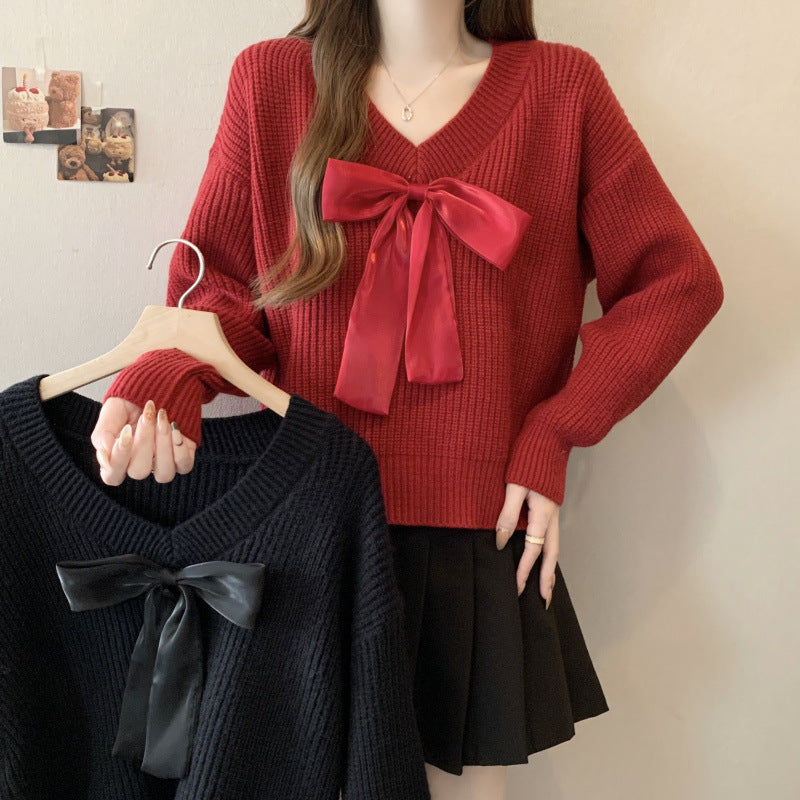 Damen Strickpullover mit V-Ausschnitt und dekorativem Schleifenakzent Drune