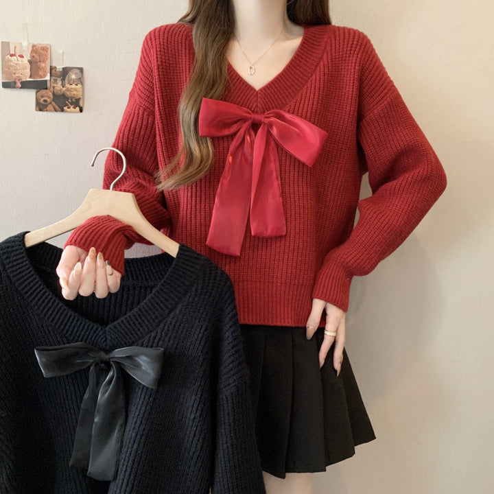 Damen Strickpullover mit V-Ausschnitt und dekorativem Schleifenakzent Drune