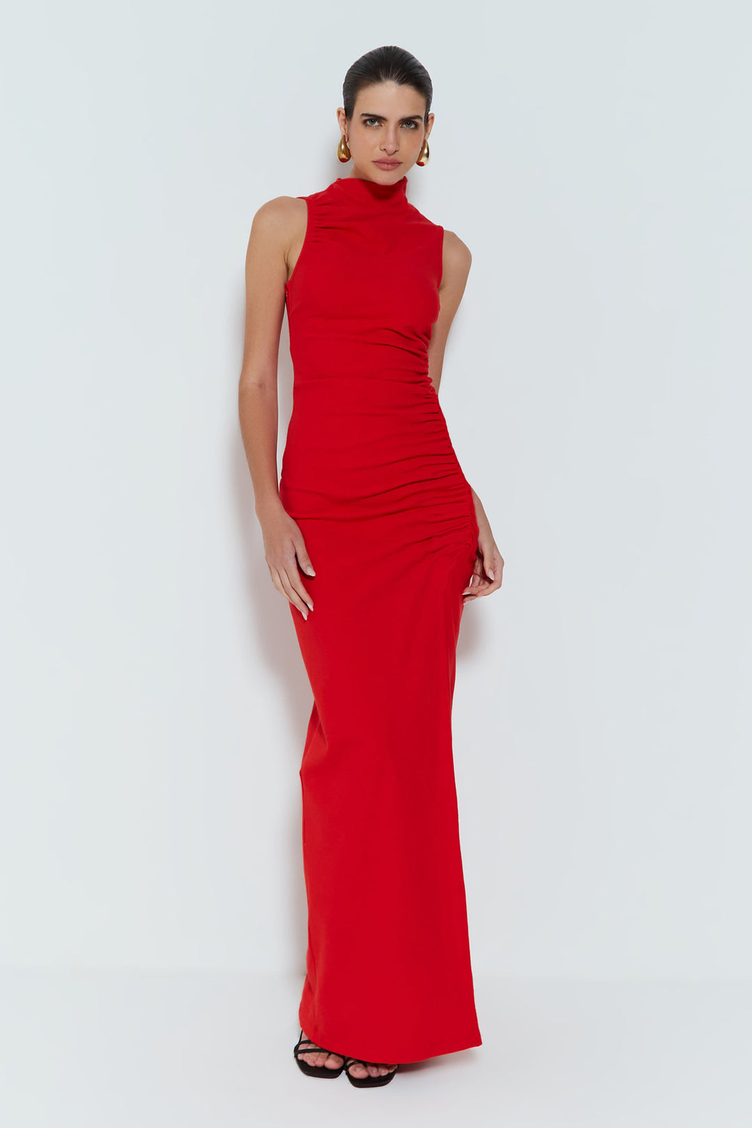 Damen Figurbetontes Maxikleid mit Stehkragen und geschmeidigem Rüschen-Design Drune