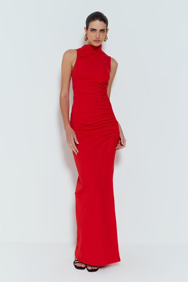 Damen Figurbetontes Maxikleid mit Stehkragen und geschmeidigem Rüschen-Design Drune