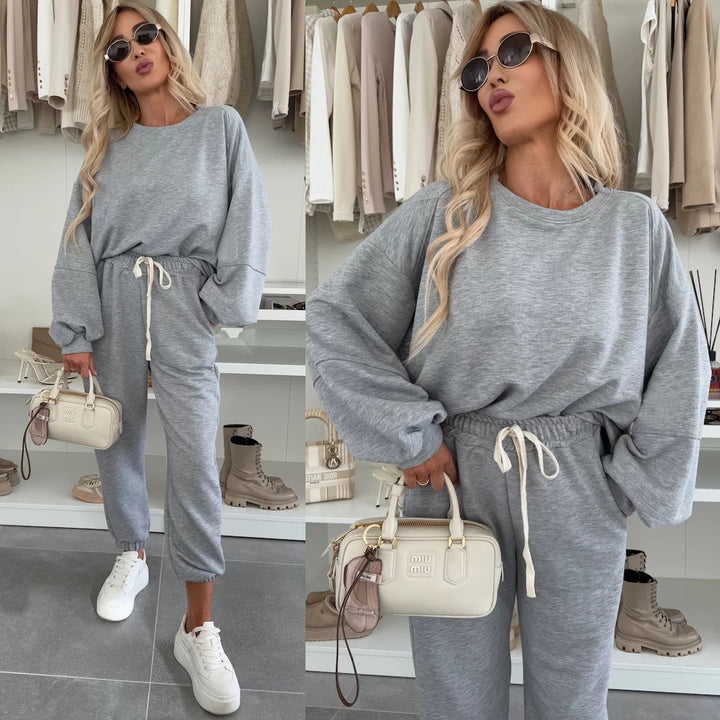 Damen Oversized Loungewear-Set aus weich angerautem Sweat mit Kordelzug-Jogginghose und relaxed Pullover Drune