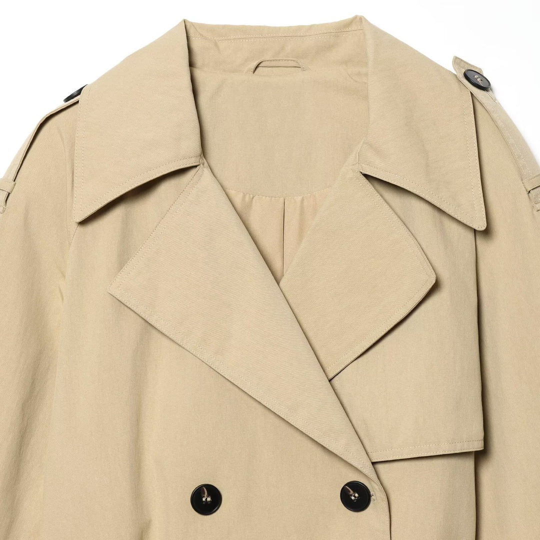 Damen Kurz geschnittener Trenchcoat mit Taillengürtel und Schulterklappen Drune