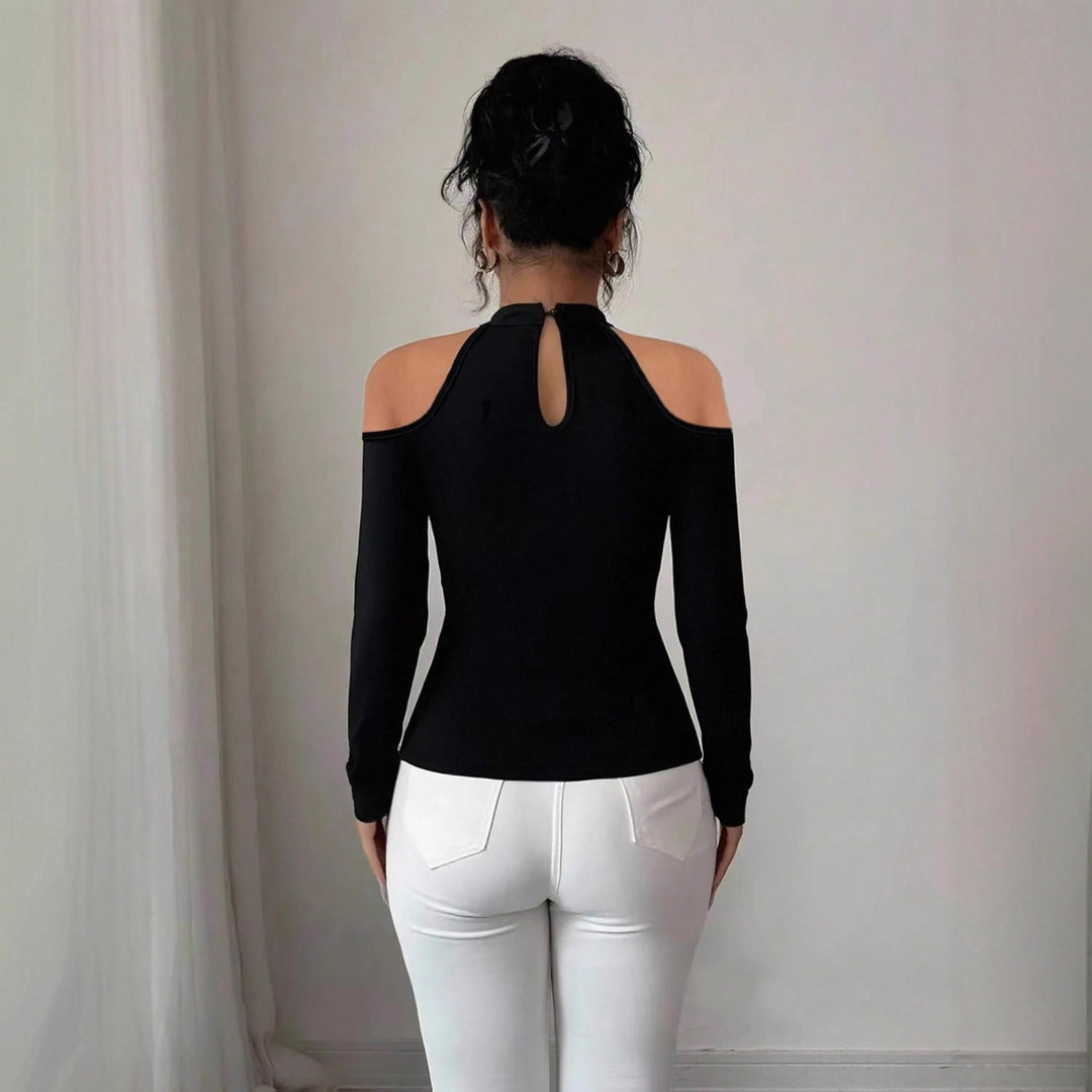Damen nan schulterfreies Langarm-Top mit Chokerkragen, floralen Spitzenapplikationen und tailliertem Schößchen Drune