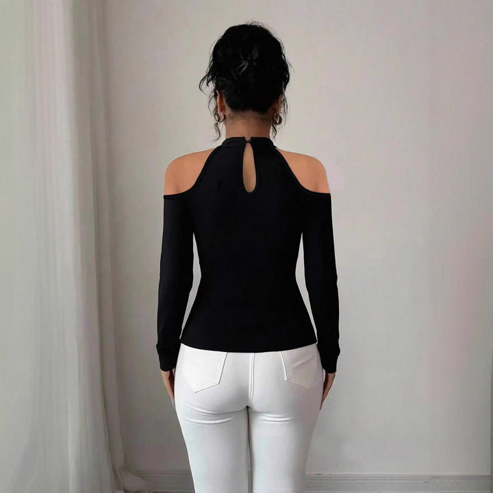 Damen nan schulterfreies Langarm-Top mit Chokerkragen, floralen Spitzenapplikationen und tailliertem Schößchen Drune