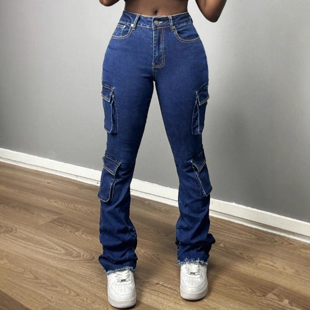 Damen Hochtaillierte Cargo-Jeans mit Mehrfach-Pattentaschen & ausgestelltem Saum Drune