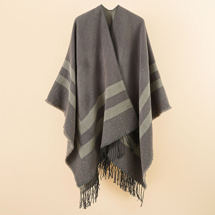 Damen Oversize-Ruana aus Wollmix mit kontrastierten Querstreifen und Fransensaum Drune