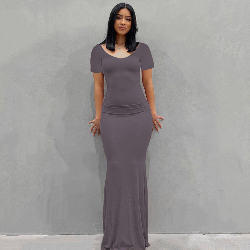 Damen Körperbetontes Maxi‑Jerseykleid mit taillierter Drapierung, langen Ärmeln und ausgestelltem Saum Drune