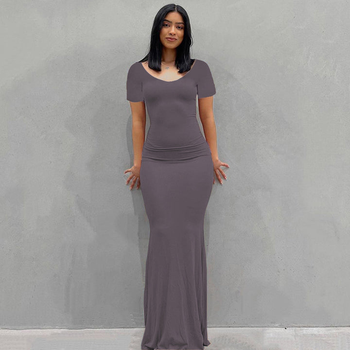 Damen Körperbetontes Maxi‑Jerseykleid mit taillierter Drapierung, langen Ärmeln und ausgestelltem Saum Drune