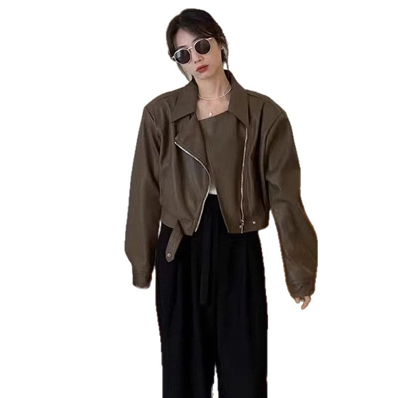 Damen Cropped-Lederjacke im stylischen Biker-Design mit asymmetrischem Reißverschluss und weichen Materialien Drune