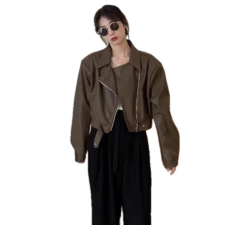 Damen Cropped-Lederjacke im stylischen Biker-Design mit asymmetrischem Reißverschluss und weichen Materialien Drune