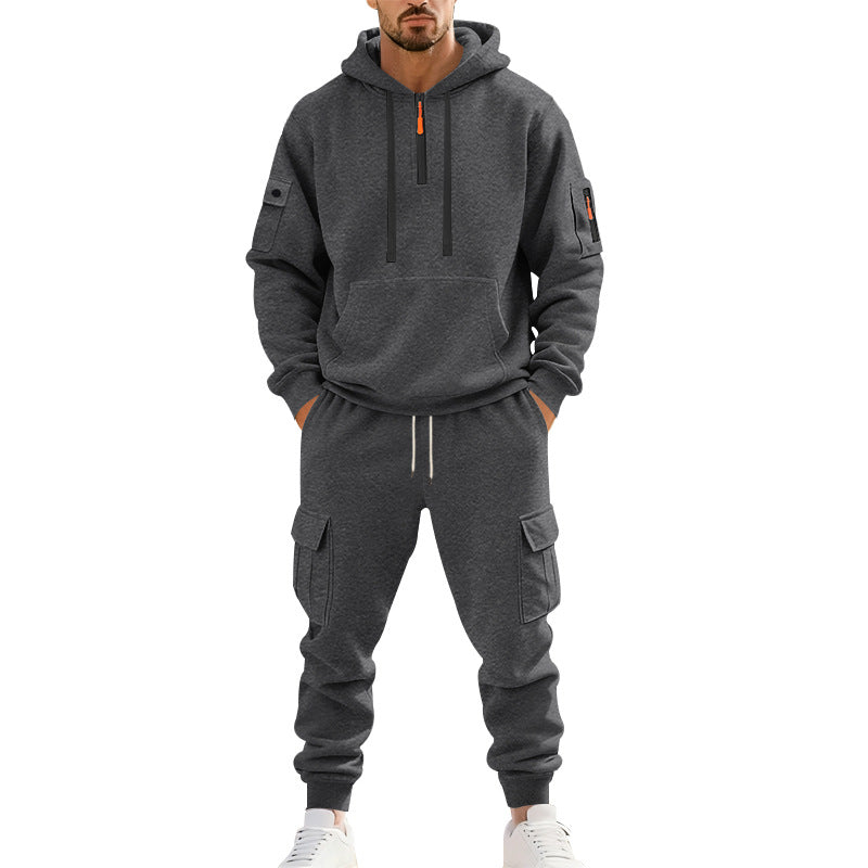 Herren nan zweiteiliges Utility-Freizeitset Hoodie mit halbhohem Reißverschluss, Ärmeltasche und Cargo-Jogginghose mit Klappentaschen Drune