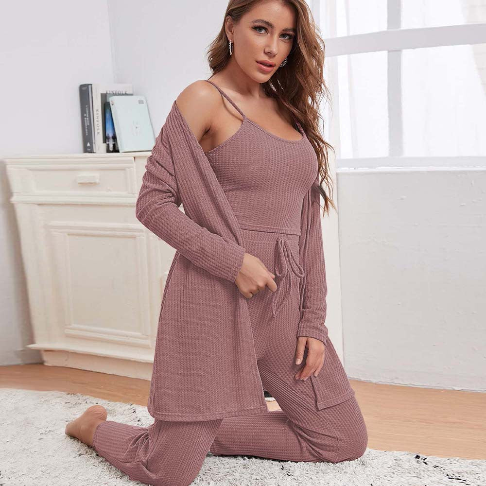 Damen dreiteiliges Lounge-Set aus Waffelstrick mit Longcardigan Spaghettiträger-Top und Highwaist-Jogginghose Drune