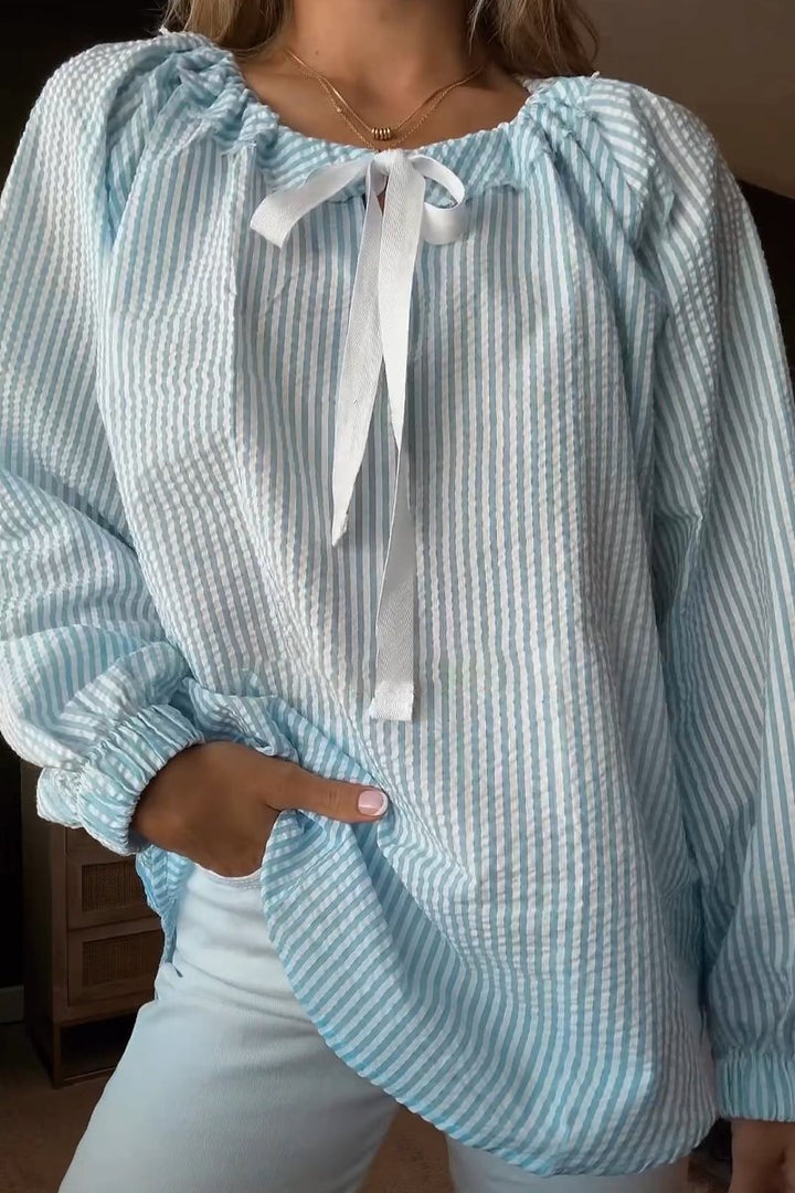 Damen Bluse mit elastischem Ausschnitt und Schleifenbindung Drune