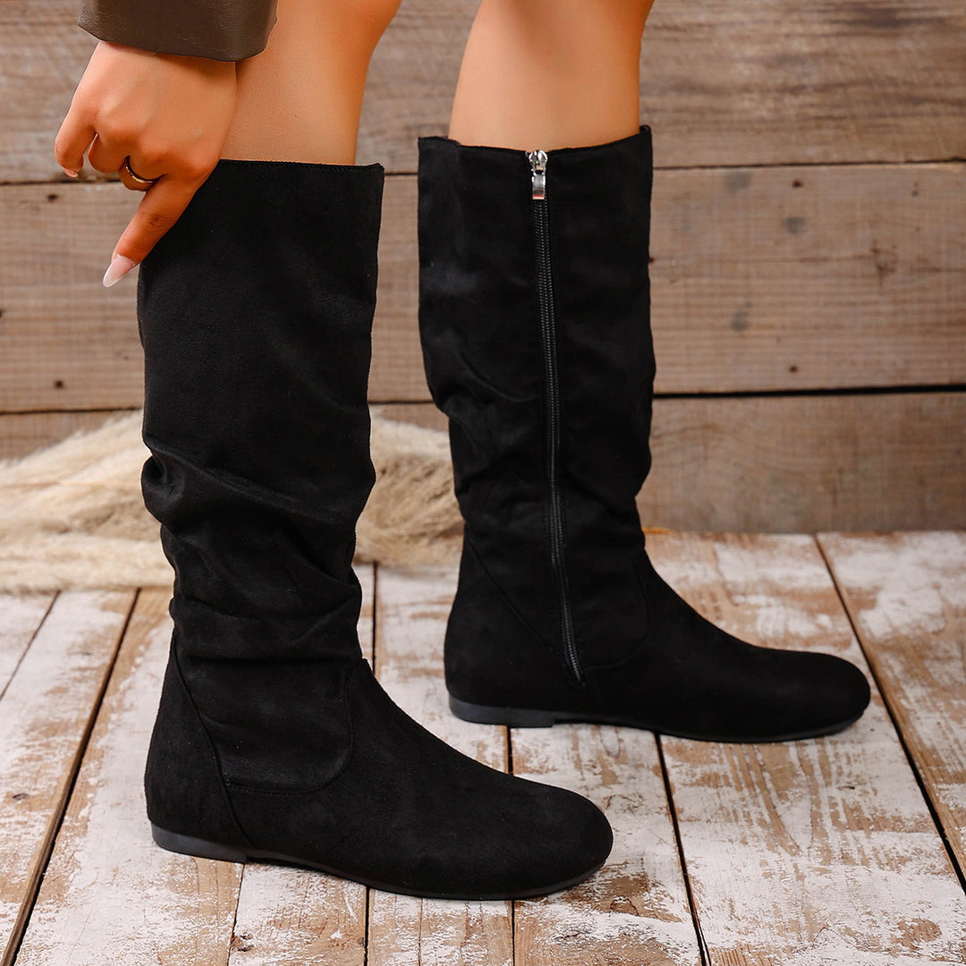 Damen kniehoher Slouch-Stiefel mit seitlichem Reißverschluss und flacher Profilsohle Drune
