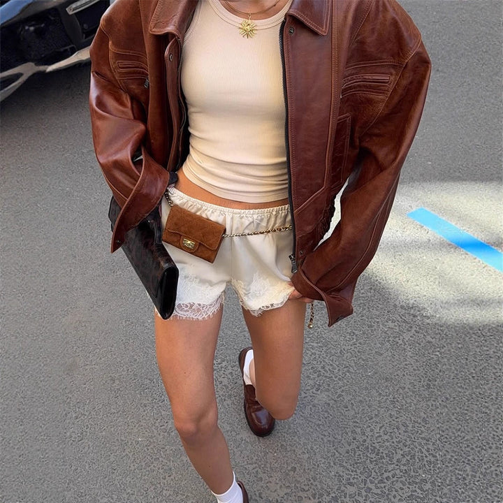 Damen Oversize-Lederimitatjacke im Bikerstil mit Hemdkragen und Reißverschluss Drune