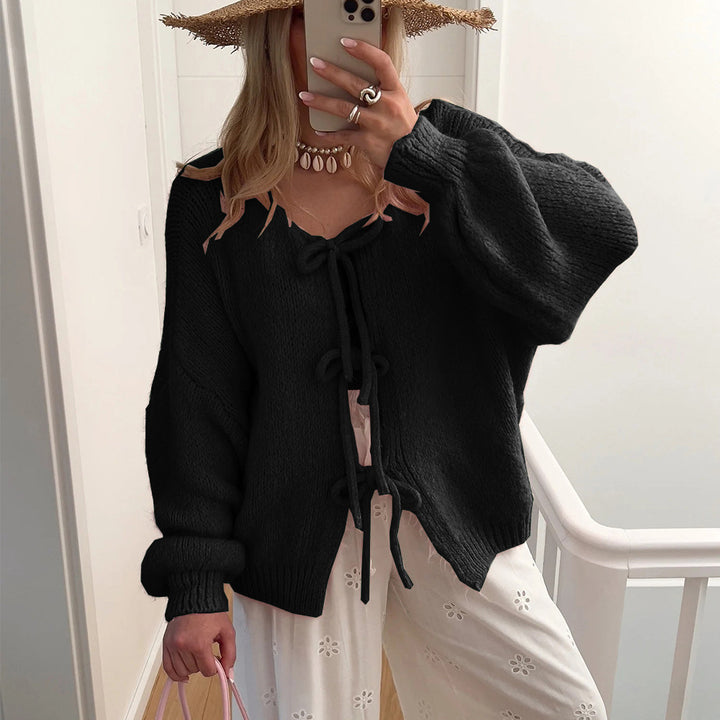 Damen Grobgestrickter Offener Cardigan mit Bindebändern, Oversize‑Silhouette und Raglanärmeln Drune
