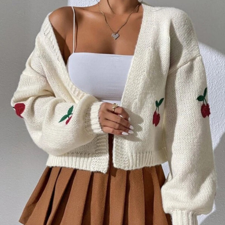 Damen kuschelige Strickjacke mit fruchtigem Stickmuster und weitem Schnitt Drune
