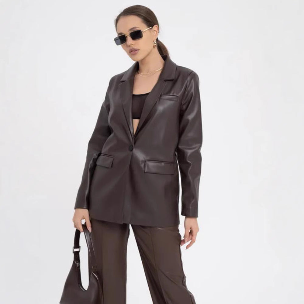 Damen minimalistische und elegante Kunstleder Blazer Drune