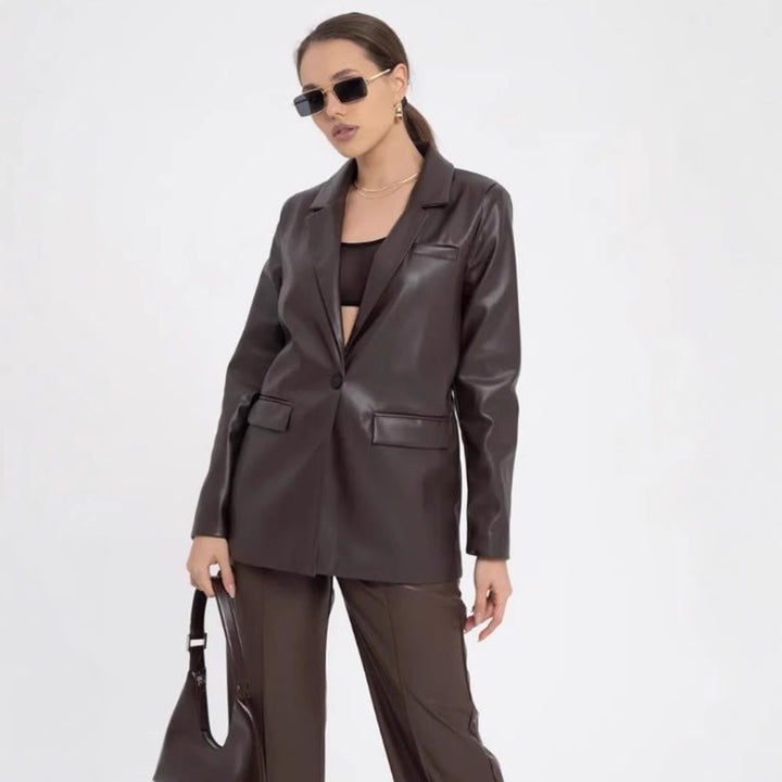 Damen minimalistische und elegante Kunstleder Blazer Drune