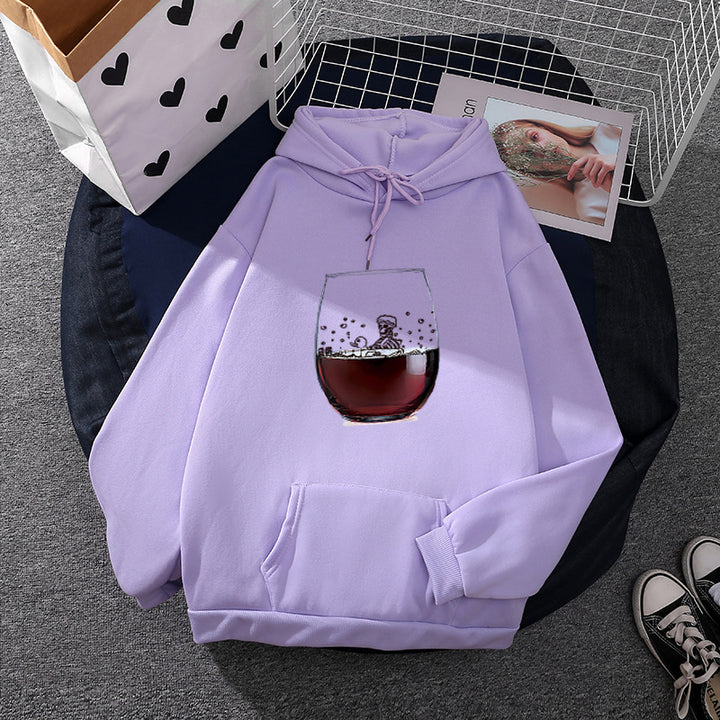 Damen nan lässiger Kapuzenhoodie mit fotorealistischer Weinglas‑Grafik, Kängurutasche und weichem Fleece Drune