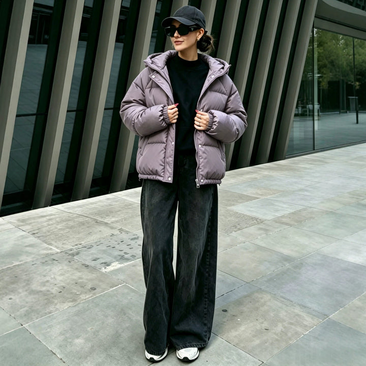 Damen Oversize-Steppmantel mit Kapuze, Druckknopfleiste und elastischem Saum Drune