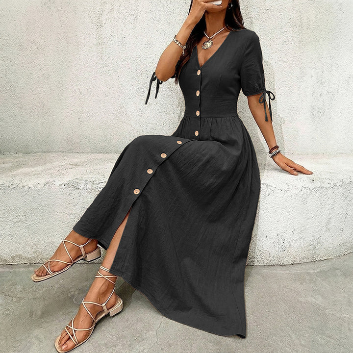 Damen Knielanges Knopfkleid aus leichtem Baumwollmix mit V-Ausschnitt Drune