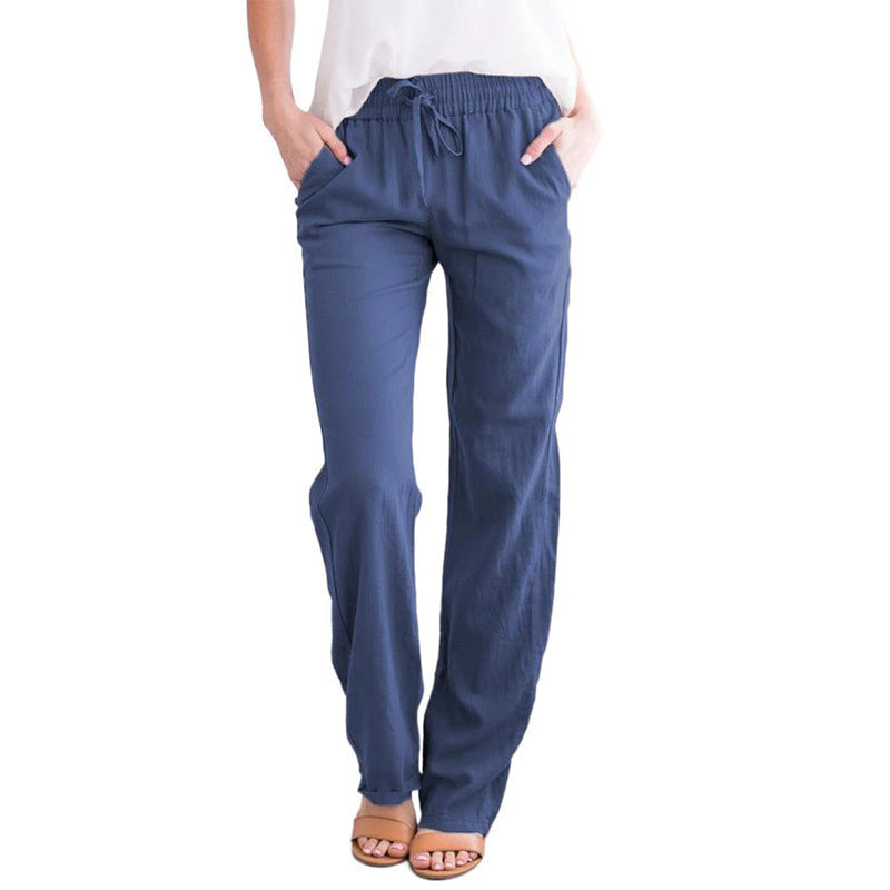 Damen Leichte Leinenoptik Palazzo-Hose mit Gummibund, Tunnelzug und Eingrifftaschen Drune