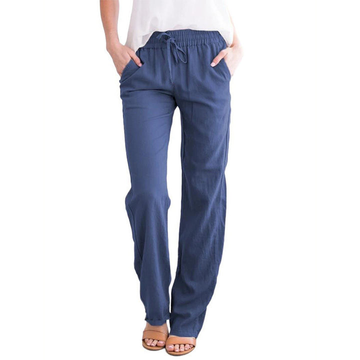 Damen Leichte Leinenoptik Palazzo-Hose mit Gummibund, Tunnelzug und Eingrifftaschen Drune