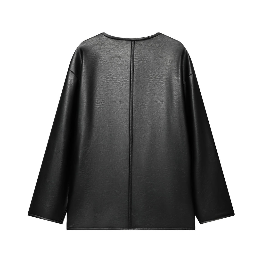 Damen nan oversized Kunstleder-Capejacke mit chinesischen Knotenverschlüssen und aufgesetzten Taschen Drune