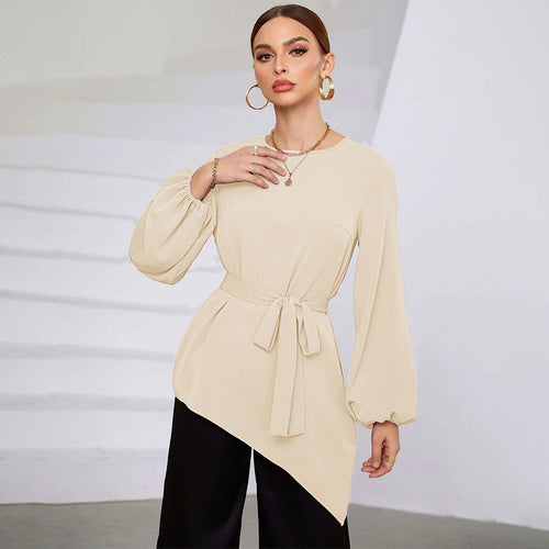 Damen asymmetrische Tunika-Bluse mit Ballonärmeln und Taillengürtel Drune