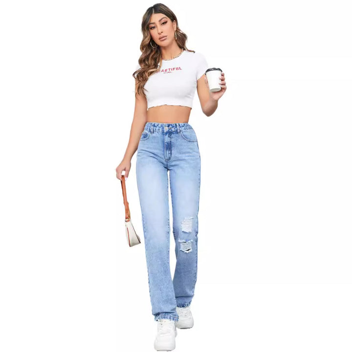 Damen hohe Jeans im lässigen Vintage-Stil mit stylischem Destroyed-Effekt Drune