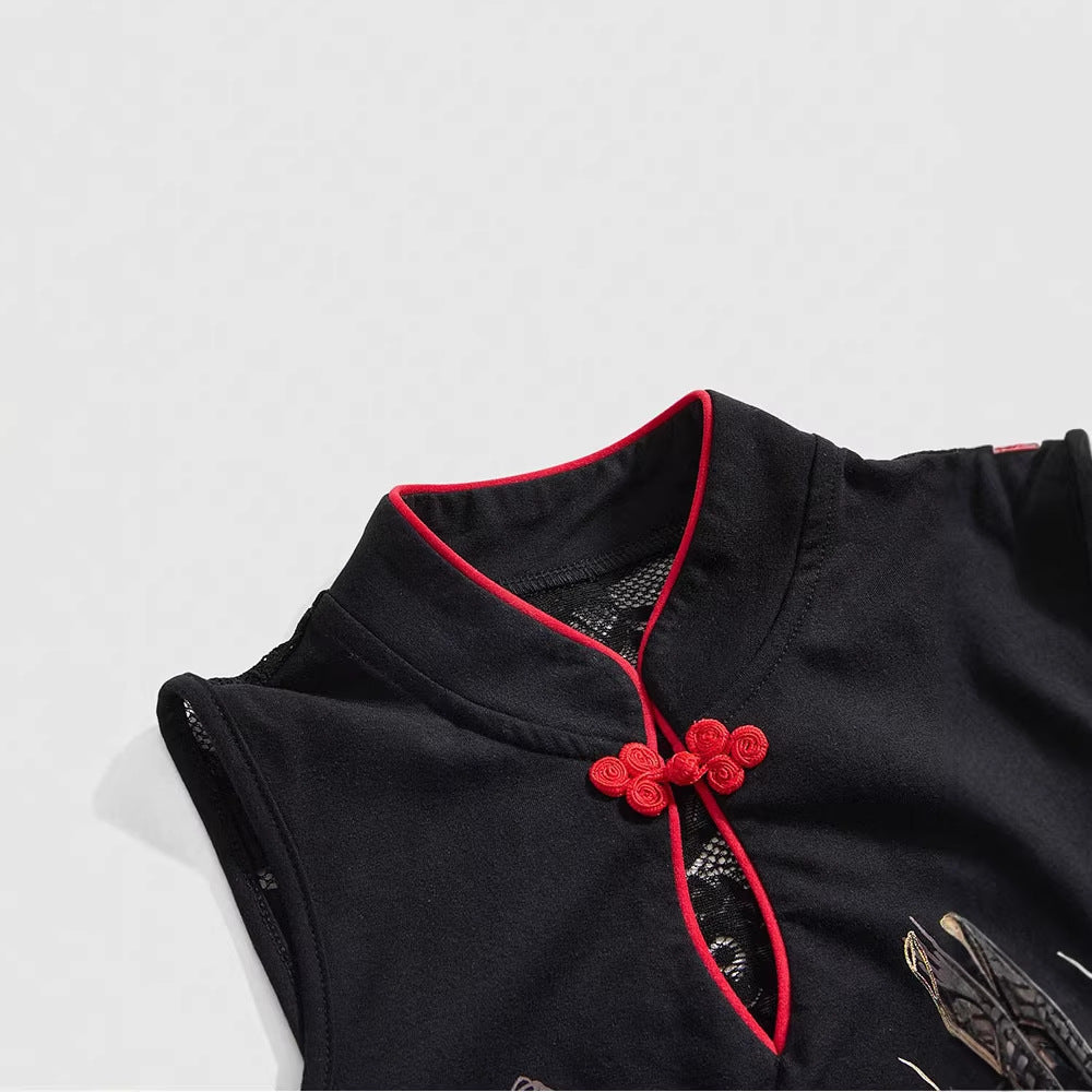 Damen Chinesisches Sticktop mit hochgeschlossenem Design und floralem Motiv Drune