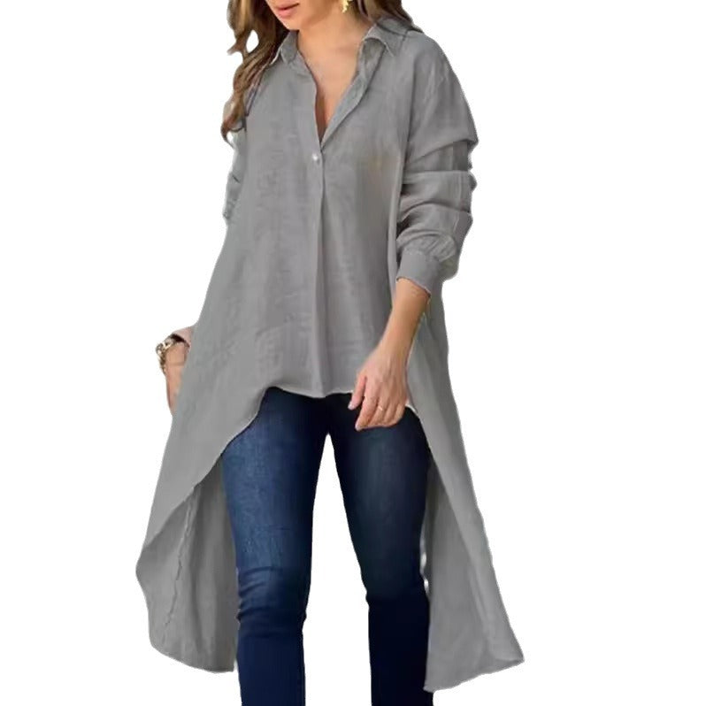 Damen Leichte Leinen‑Tunika‑Bluse mit asymmetrischem High‑Low‑Schwanz und Hemdkragen Drune