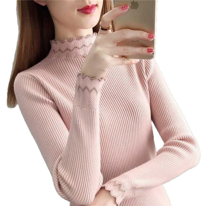 Damen Strickpullover mit steigendem Kragen und Wellenmuster Drune
