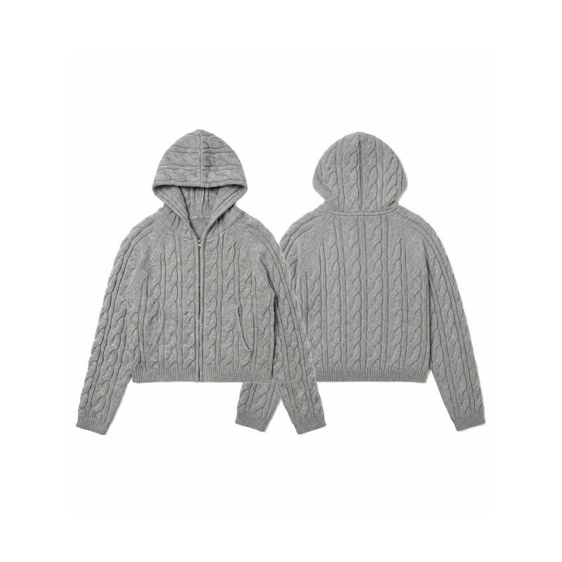 Damen Kapuzen-Zopfstrick-Cardigan mit Reißverschluss und Raglanärmeln Drune